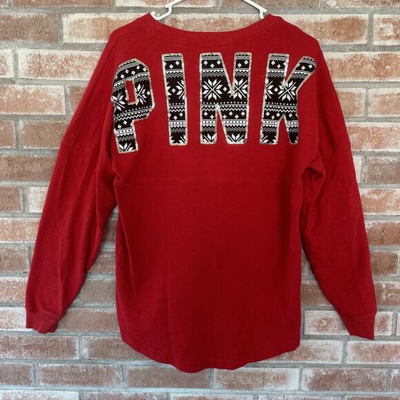 PINK Victoria’s Secret Fair Isle Sequin Crewneck Sweatshirt Spirit Jersey Small - Picture 5 of 9